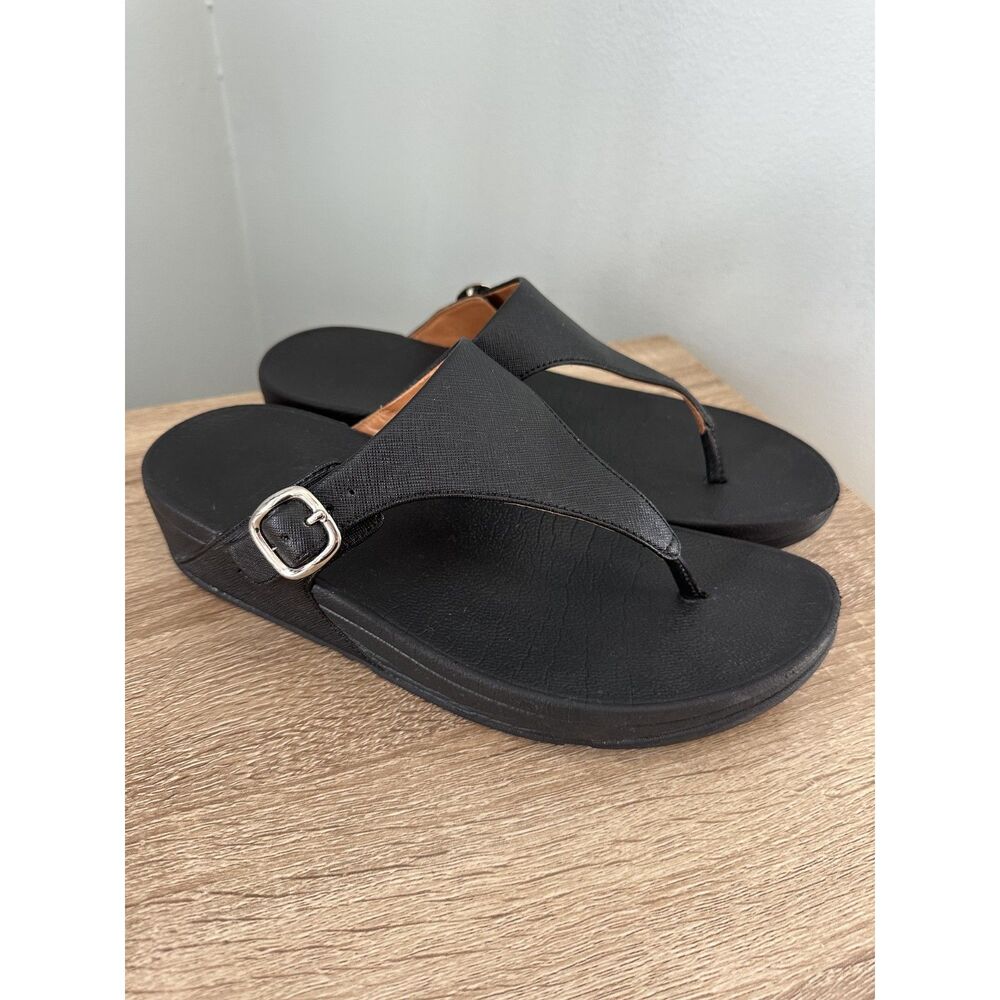 FitFlop LULU Adjustable Leather Toe-Posts Sandals size 8 Black Slip On Comfort